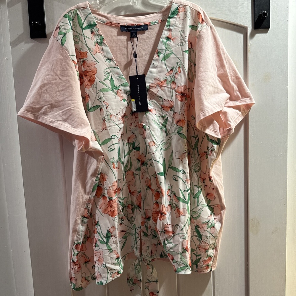 Tommy Hilfiger Women's Pink Floral Short Sleeve  Top Plus Size 2x Knit Tie Waist